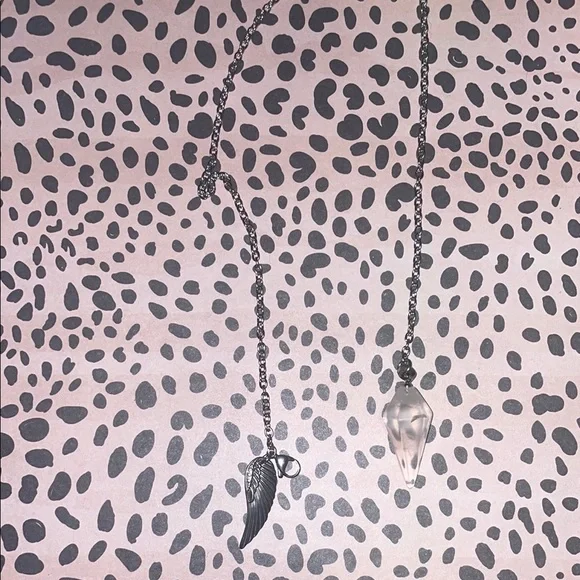 Clear Quartz Pendulum Necklace Stainless Steel with Wing Charm - Picture 3 of 4